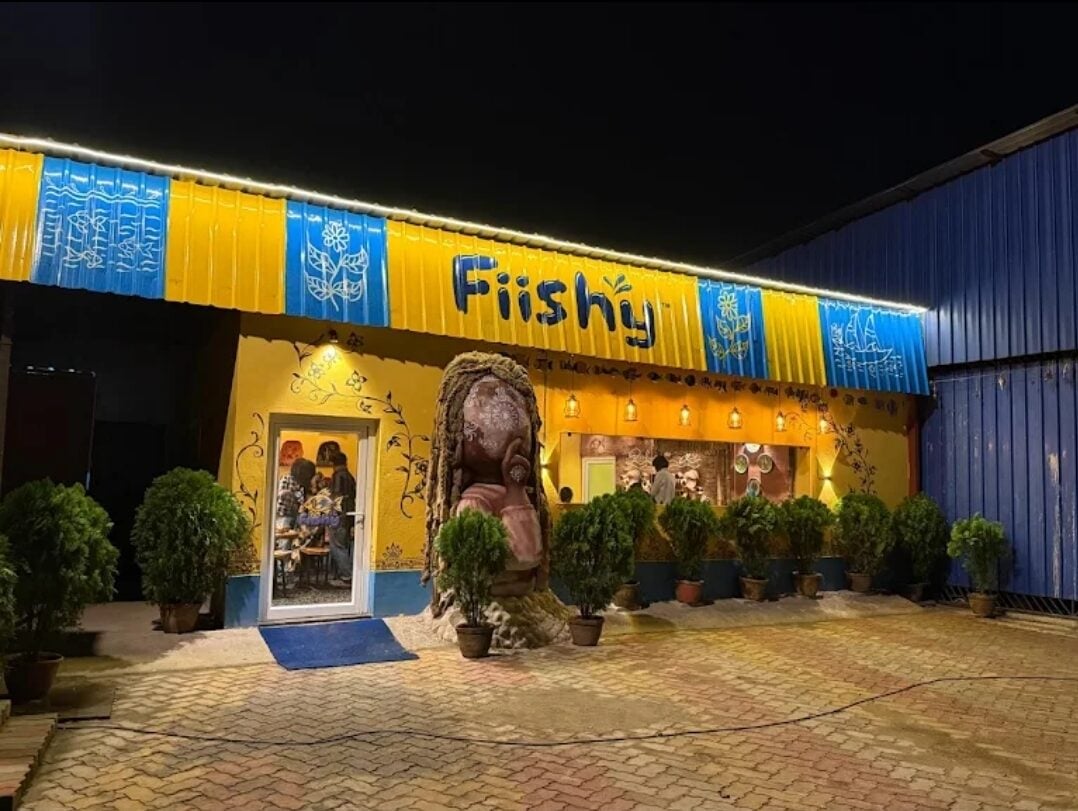 The Chinsurah house on Delhi Road after dark, yellow and blue facade lined with potted plants