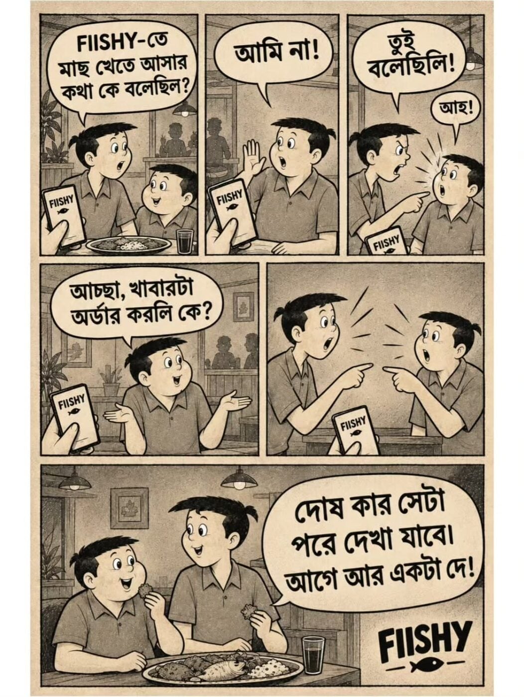 A Bengali comic strip: two boys at a Fiishy table arguing over who suggested coming, ending with them eating and asking for one more